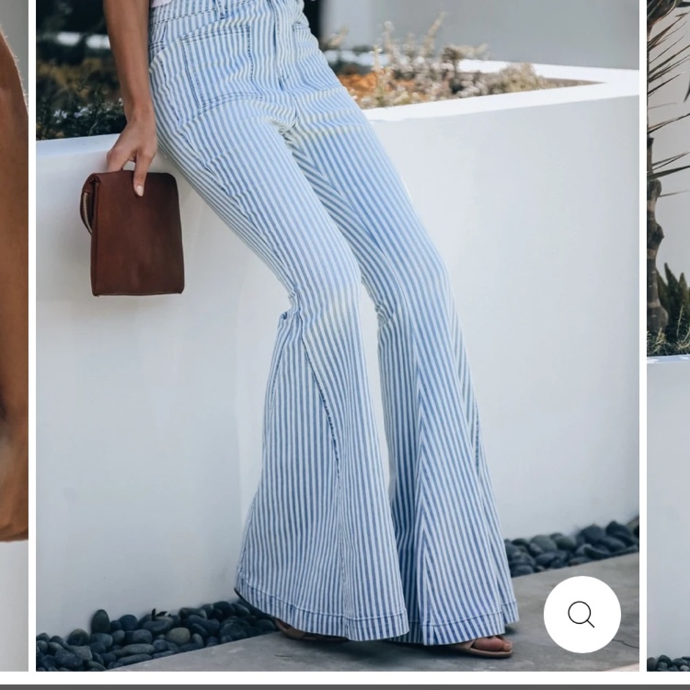 POCKETED STRIPED BELL BOTTOM DENIM PANTS - MEDIUM - Picture 3 of 11